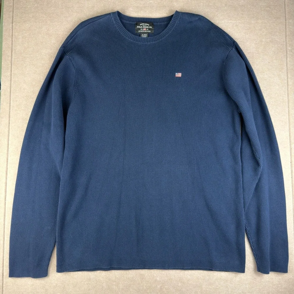 Vintage Polo Jeans Co Sweater‎ Mens XL Blue Ribbed USA Flag Knit Made in Japan